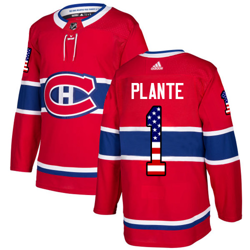 Adidas Canadiens #1 Jacques Plante Red Home Authentic USA Flag Stitched NHL Jersey